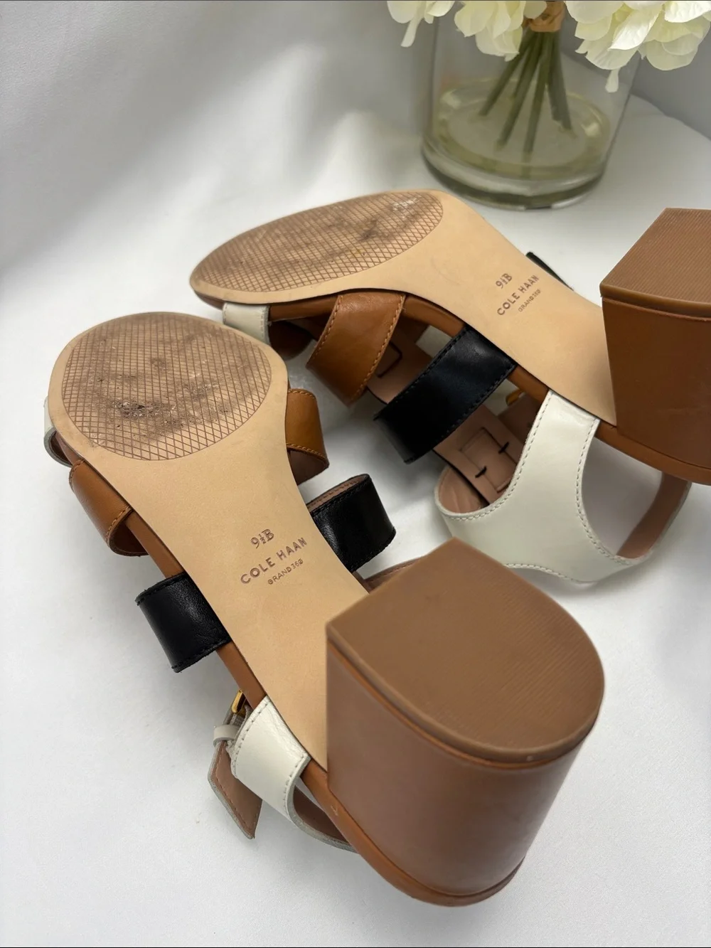 Cole Haan Women’s 9.5 Tri-Panel Leather Block Heel Sandals -Blk,Brn and Wht #462